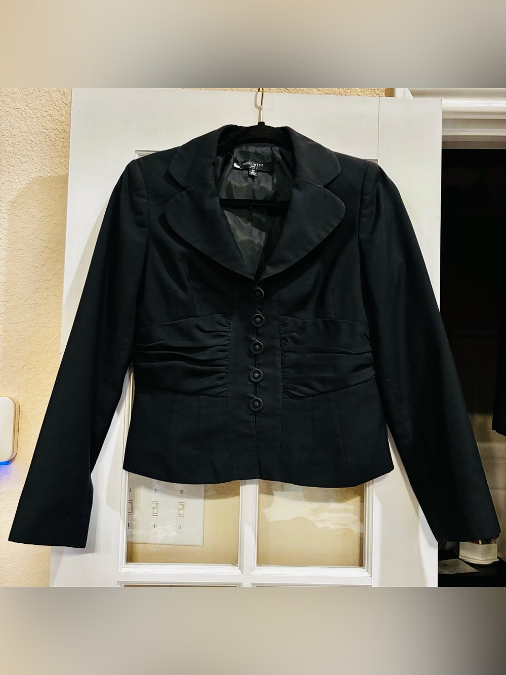 Nine West Business Suit. Black Ruched Waist Button Blazer with pencil skirt